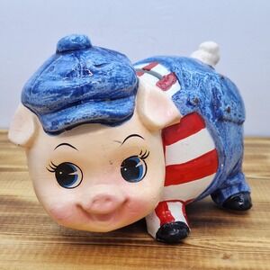 Ceramic Pig Wearing Pinstripes Overalls Coin Piggy‎ Bank Vintage Hand Painted